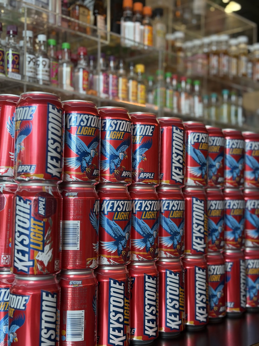 Stacked cases of Keystone Light