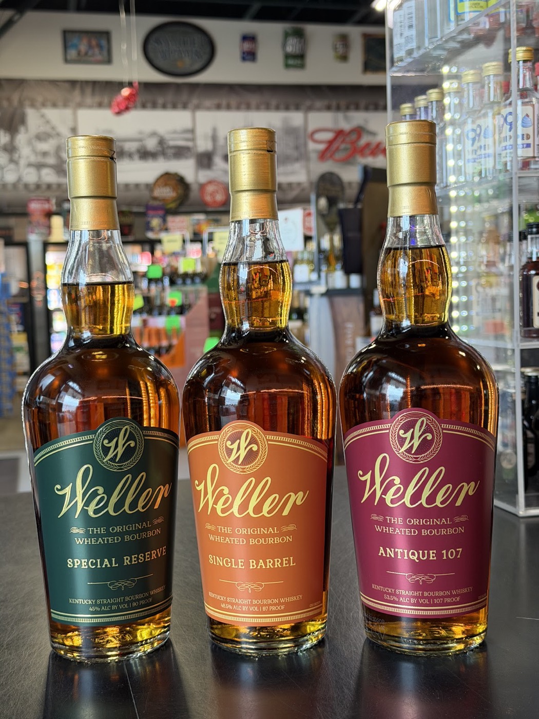 Three Weller bourbons on the counter